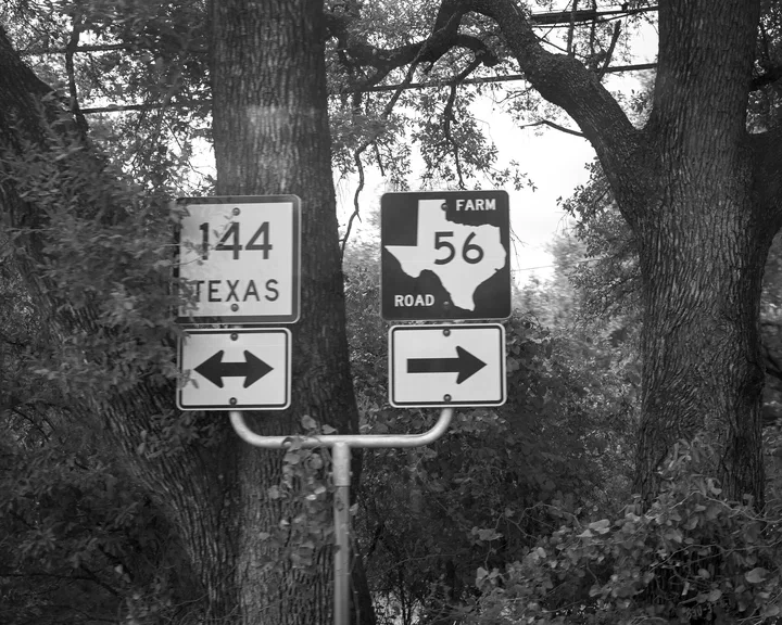 Letreros de la Texas 144 y la Farm Road 56 entre los árboles